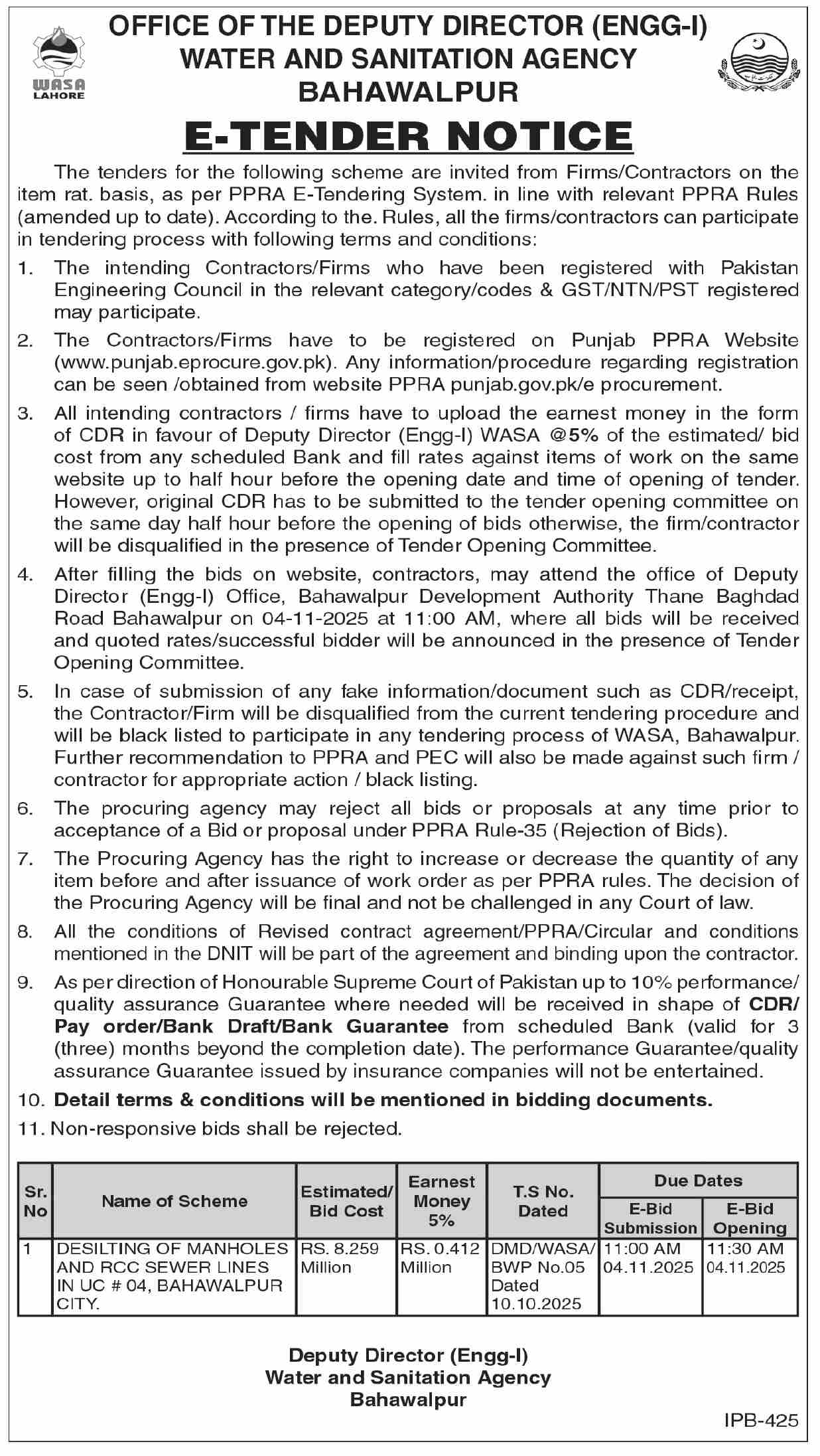 Water & Sanitation Agency Bahawalpur Tender Notice